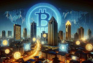 Create a realistic high-definition image that embodies the growth and energy of the cryptocurrency economy in Nigeria, while facing regulatory hurdles. Picture a glowing Bitcoin symbol in the foreground, against a backdrop of Lagos' bustling cityscape at night. Illustrate the regulatory challenges through towering government buildings looming in the distance, casting long shadows over the city. To represent the economy's vitality, depict vibrant digital screens displaying dynamic crypto charts and graphs.