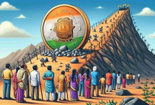 Detailed and high definition illustration of the concept of India's digital currency experiment facing hurdles in public adoption. Show a metaphorical image where the digital currency, personified as a coin embossed with Indian symbols, is trying to climb a steep hill. The hill represents public adoption filled with obstacles like stones and thorns. There are Indian citizens of varying descents and genders observing the scene, their expressions showing skepticism and curiosity.