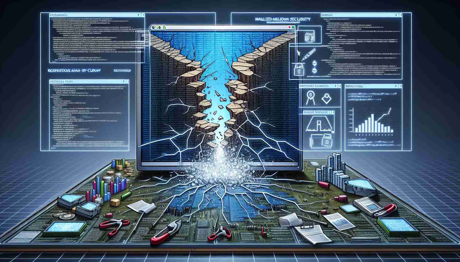 A detailed digital representation of an event where a security flaw in a hypothetical online exchange platform named 'Kraken' was patched. To depict this, imagine a symbolic scene showing a cracked graphical user interface screen signifying the flaw, further transitioning into a repaired, seamless screen representing the patched security, alluding to the incident's resolution. Please include visual elements like lines of code, digital locks, and repairing tools to reinforce the context. This snag resulted in a multimillion-dollar loss, imbue elements of increased security measures and financial indicators in the backdrop.