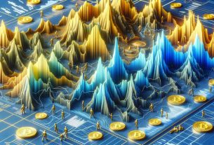 High definition, photorealistic depiction of a dynamically changing landscape symbolizing the fluctuating market presence of Bitcoin. Visualize a topographical map with elevations and depressions, colored to represent high and low market values. The high areas should be in gold, indicating high market value, and low areas in deep blue, signifying low values. This abstract representation should also include symbols of financial transactions, such as miniature people trading gold coins, charts and graphs sketched onto the terrain. The imagery should invoke the volatility and shifting nature of cryptocurrency markets.