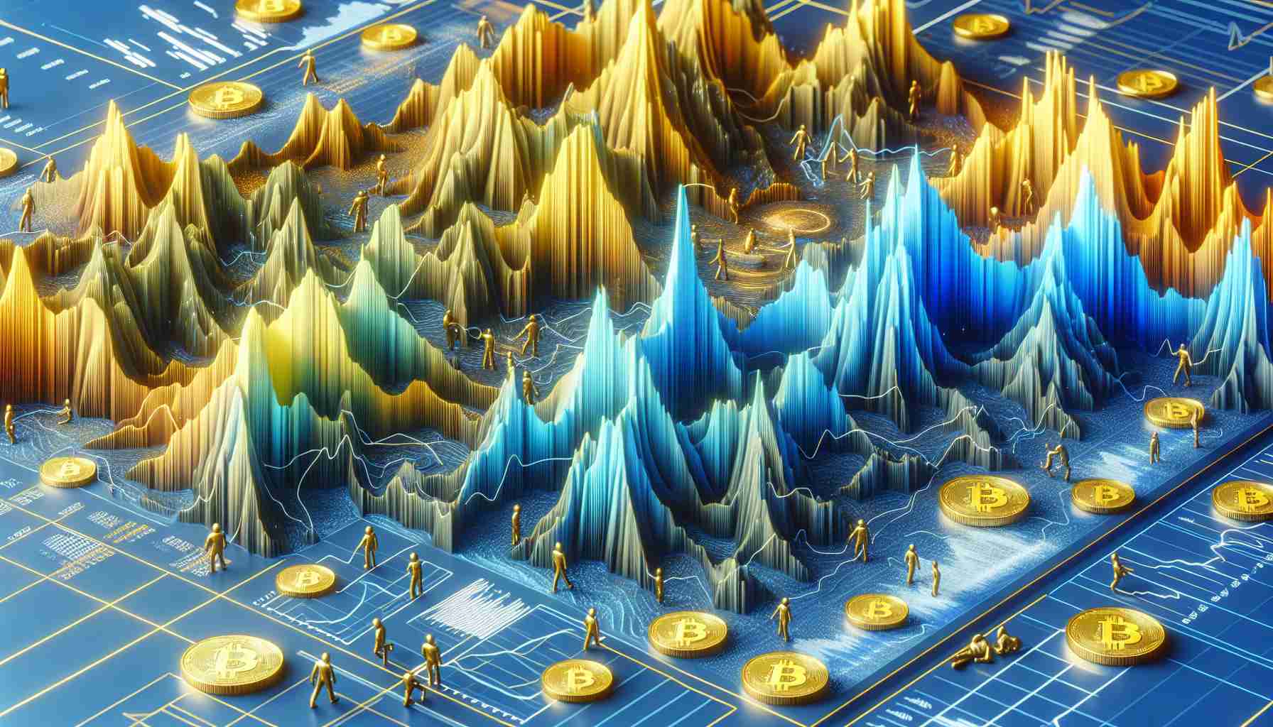 High definition, photorealistic depiction of a dynamically changing landscape symbolizing the fluctuating market presence of Bitcoin. Visualize a topographical map with elevations and depressions, colored to represent high and low market values. The high areas should be in gold, indicating high market value, and low areas in deep blue, signifying low values. This abstract representation should also include symbols of financial transactions, such as miniature people trading gold coins, charts and graphs sketched onto the terrain. The imagery should invoke the volatility and shifting nature of cryptocurrency markets.