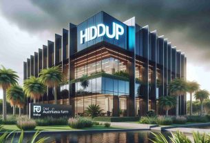 Realistic, high-definition image of the exterior of a modern Australian firm. The firm is a large-scale office building with sleek glass windows and a lush, tropical exterior landscape. There's a sign on the front of the building that reads 'Hiddup'. The sky overhead is stormy, symbolizing the current legal strife the company is dealing with.