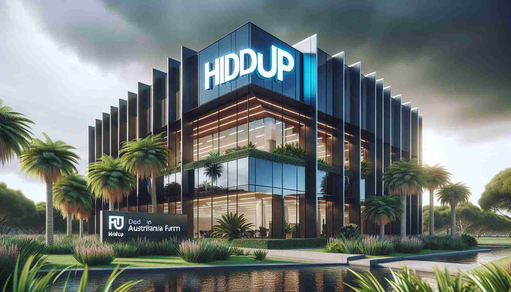 Realistic, high-definition image of the exterior of a modern Australian firm. The firm is a large-scale office building with sleek glass windows and a lush, tropical exterior landscape. There's a sign on the front of the building that reads 'Hiddup'. The sky overhead is stormy, symbolizing the current legal strife the company is dealing with.