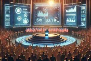 Generate an HD quality image depicting the concept of a futuristic 2024 presidential election where discourse on emerging cryptocurrency policies plays a significant role. The scene should ideally contain symbolic elements like a ballot box, campaign podium, digital screens showing charts and graphs related to cryptocurrency, and enthused crowd. Please note, do not include any specific person or politician in the image. The overall tone should reflect the seriousness and magnitude of such a political event.