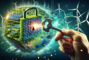 A striking, high-definition image that represents the concept of unlocking renewable energy investment via blockchain technology. In the center of this highly detailed scene, a symbolic key made of binary codes, representing blockchain, is being inserted into a lock that's constructed as a combination of wind turbines, solar panels, and hydroelectric power stations. This embodies the resilience and security of decentralized energy systems. The background should be a smooth blend of green and blue hues, implying environmental sustainability and the digital world. Flashes of light should be emanating from the key-lock interaction, signifying the potential and power of this transformative technology.