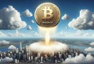 A high definition, realistic image of a concept called 'Impending BLAST Airdrop' which is estimated to hold multi-billion dollar valuation. This concept could be visualized as an oversized gold coin labelled 'BLAST', descending from the cloud-blue sky, signifying an airdrop. To further emphasize on the valuation, the coin could have a glowing aura around it and the surrounding environment could be urban metropolitan cityscape, filled with skyscraper buildings that are dwarfed in comparison to the descending coin.