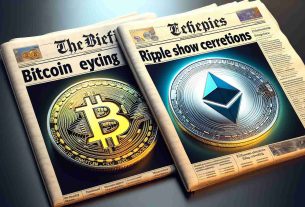 A high definition, realistic image of the front pages of three newspapers. Each newspaper headline represents a different cryptocurrency update. The first newspaper, with an illustration of a golden Bitcoin coin, has the headline 'Bitcoin Eyeing Corrections.' The second newspaper showcases a shimmering, silver ripple coin and the headline is 'Ripple Eyeing Corrections.' The third newspaper has a bright, blue Ethereum coin on its front page with the headline 'Ethereum Shows Strength.'