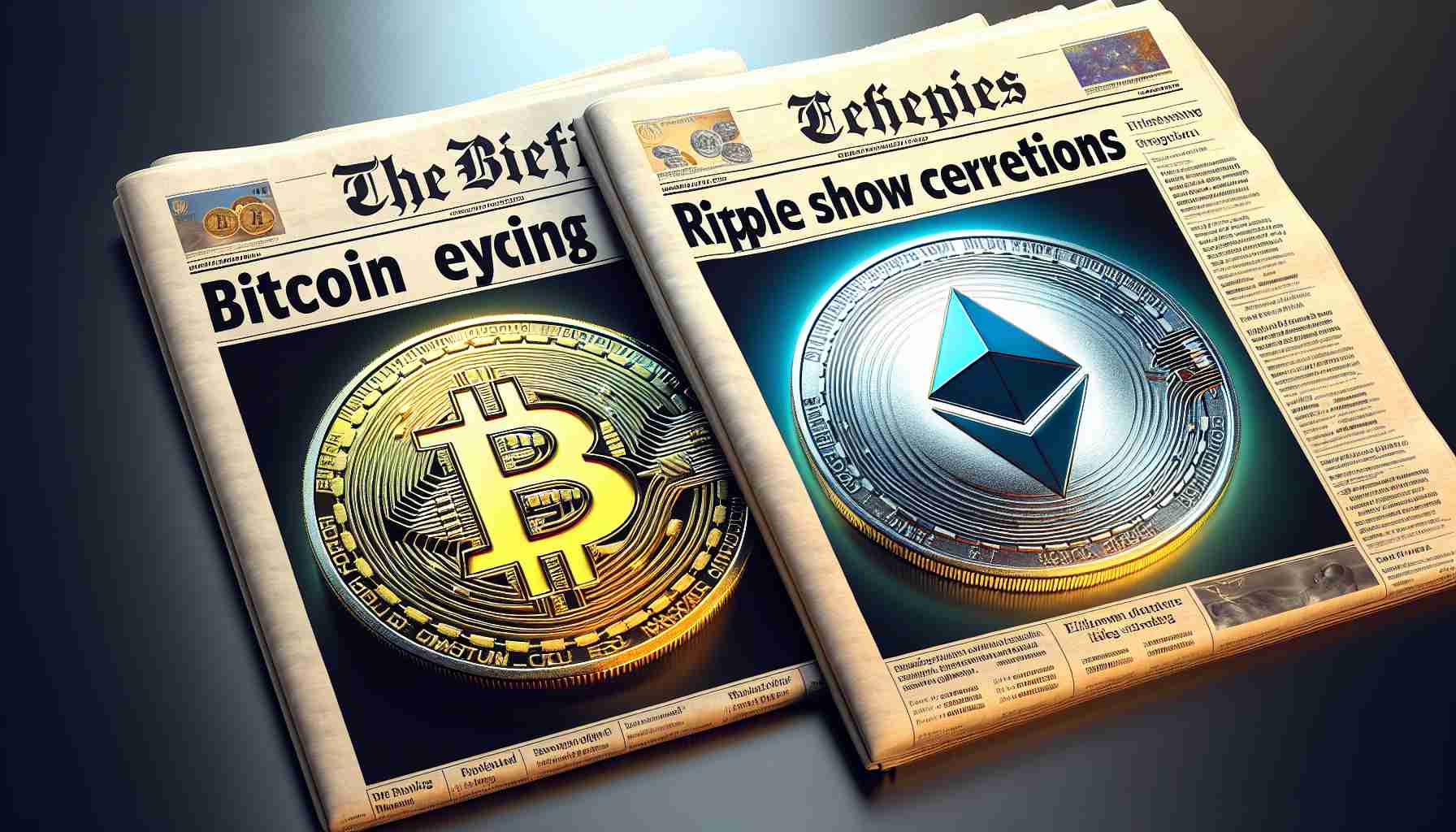 A high definition, realistic image of the front pages of three newspapers. Each newspaper headline represents a different cryptocurrency update. The first newspaper, with an illustration of a golden Bitcoin coin, has the headline 'Bitcoin Eyeing Corrections.' The second newspaper showcases a shimmering, silver ripple coin and the headline is 'Ripple Eyeing Corrections.' The third newspaper has a bright, blue Ethereum coin on its front page with the headline 'Ethereum Shows Strength.'