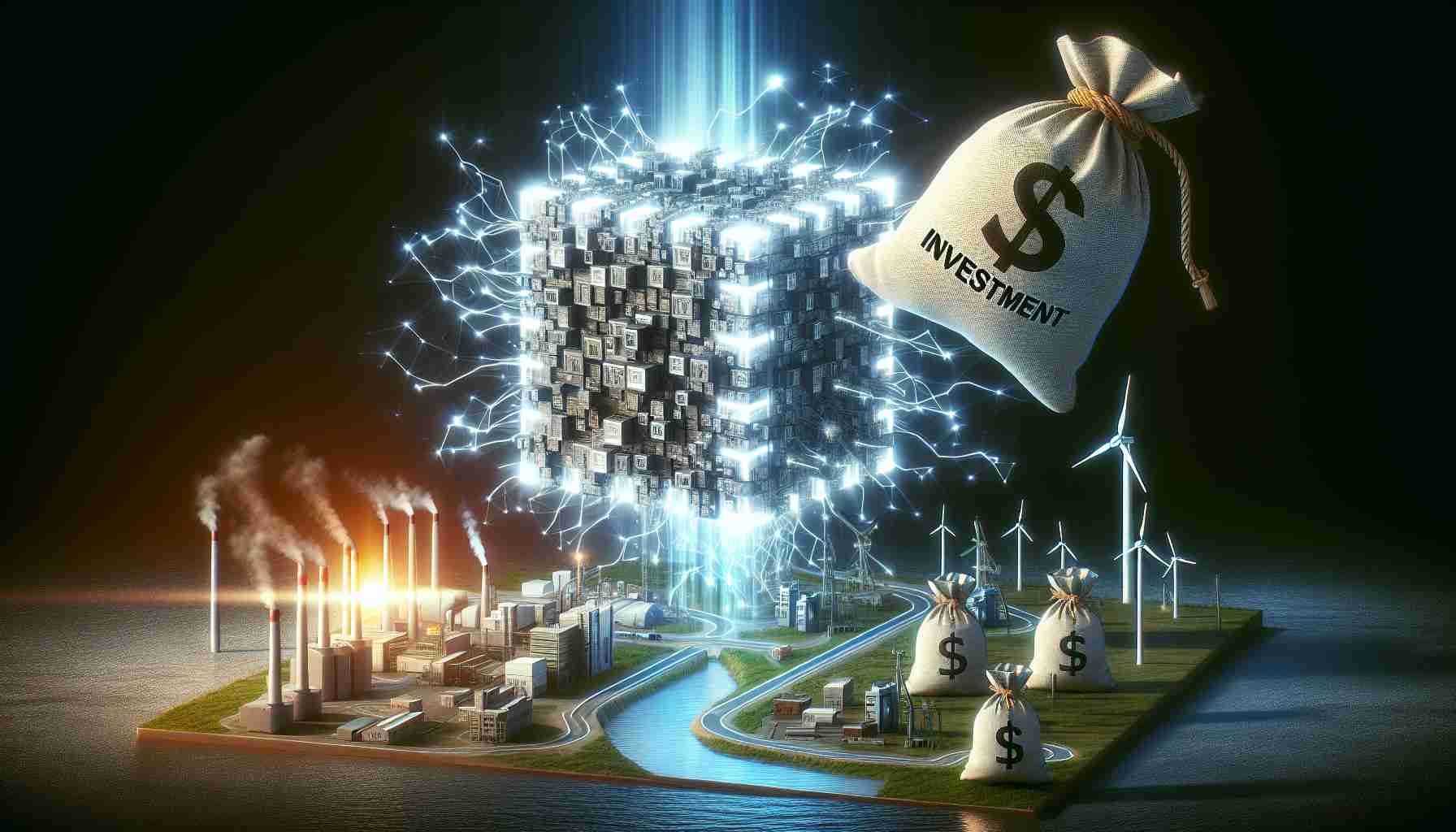 A high-definition, realistic image representing the concept of Blockchain technology attracting significant investments. The scene should depict an abstract representation of Blockchain represented by interconnected blocks, perhaps glowing with energy. In the foreground, large bags labeled 'investment' can be shown being attracted or pulled towards the Blockchain structure. Representations of various industries might be present, such as a factory, a skyscraper, and a wind turbine, indicating the wide range of industries investing in this technology. Include appropriate elements, like dollar signs or other currency symbols, to emphasize the financial aspect.