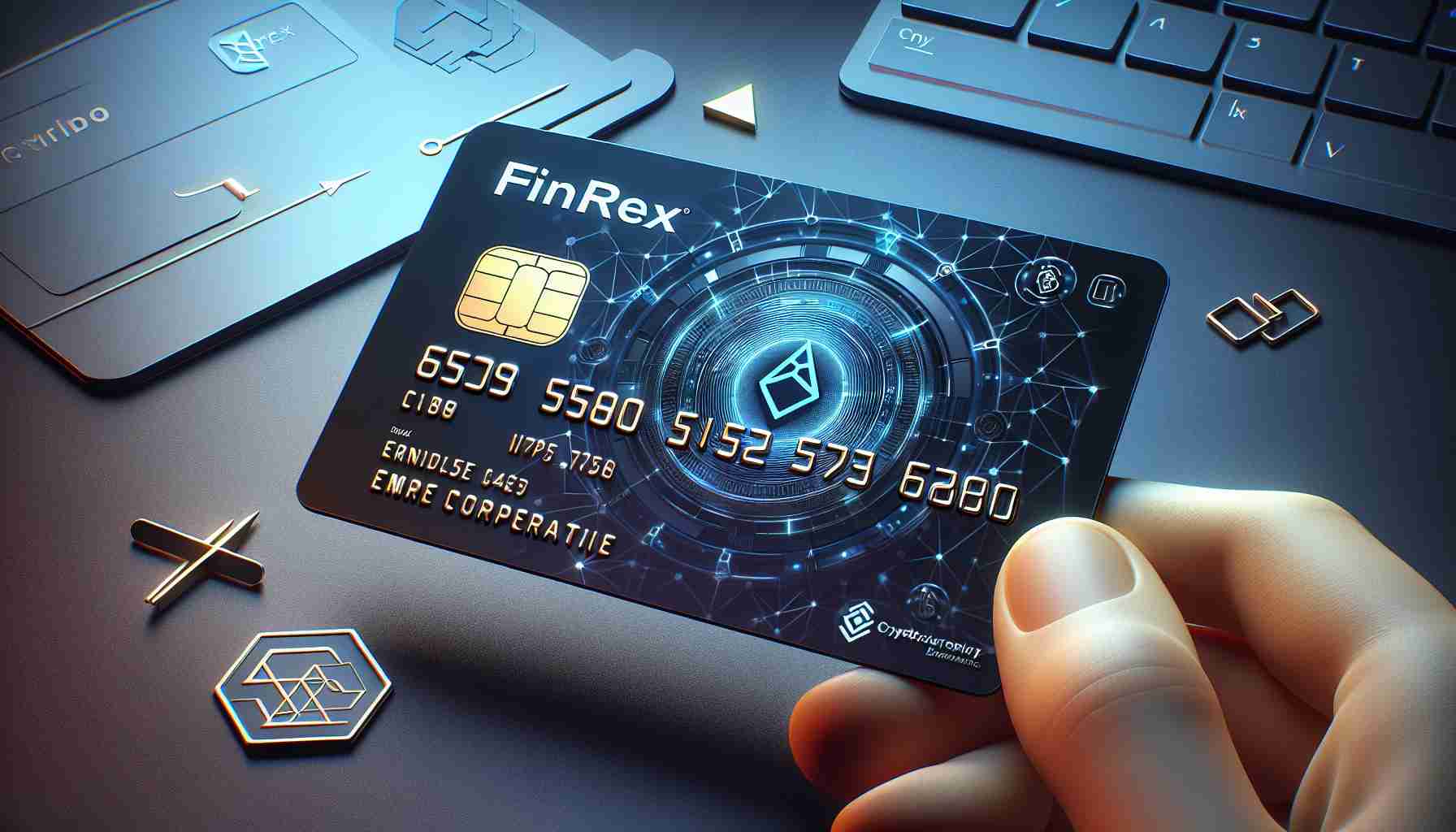 Create a high-definition, realistic image of a groundbreaking 'FinRex' card which has been introduced by a Canadian cryptocurrency exchange with the aim to empower corporations. The card design should be sleek and modern, capturing the essence of innovation and technological advancement in its layout and colour scheme. The card should also feature some indications of its crypto association, like an incorporated crypto symbol or similar designs.