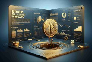 Create a realistic, high-definition image of an infographic-style scene. In the center, there should be an iconic gold-colored Bitcoin symbol looking as if it is falling under the ground level, symbolizing the value of Bitcoin falling under $60,000. Around it, there should be swift, darker shadows to imply the downward motion. In the background, there should be a digital screen displaying the headline 'Bitcoin Falls Under $60,000'. Generate a side pane of the scene which is captioned as 'MtGox Repayment Plans', offering outlines of documents and digitized graphs related to repayment plans.