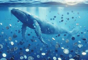 Generate a high-definition, photorealistic image representing the concept of 'whale movements stirring the waters of memecoin amidst market uncertainty'. In this image, imagine a large, mammoth whale gracefully swimming in a vast deep blue ocean full of scattered coins that depict various cryptocurrencies. The coins represent 'memecoin' and should be tossed and turned in the water due to the movements of the whale. The atmosphere should subtly reflect a sense of uncertainty and chaos typical of economic market fluctuations.