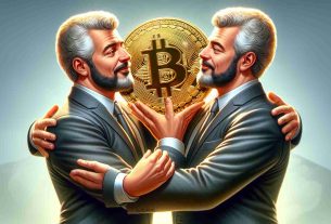 Realistic high definition illustration of a notable politician warmly embracing a physical representation of Bitcoin, perceived as a golden coin with the Bitcoin symbol on it, following a generous $2M donation made by a pair of identical twin entrepreneurs.