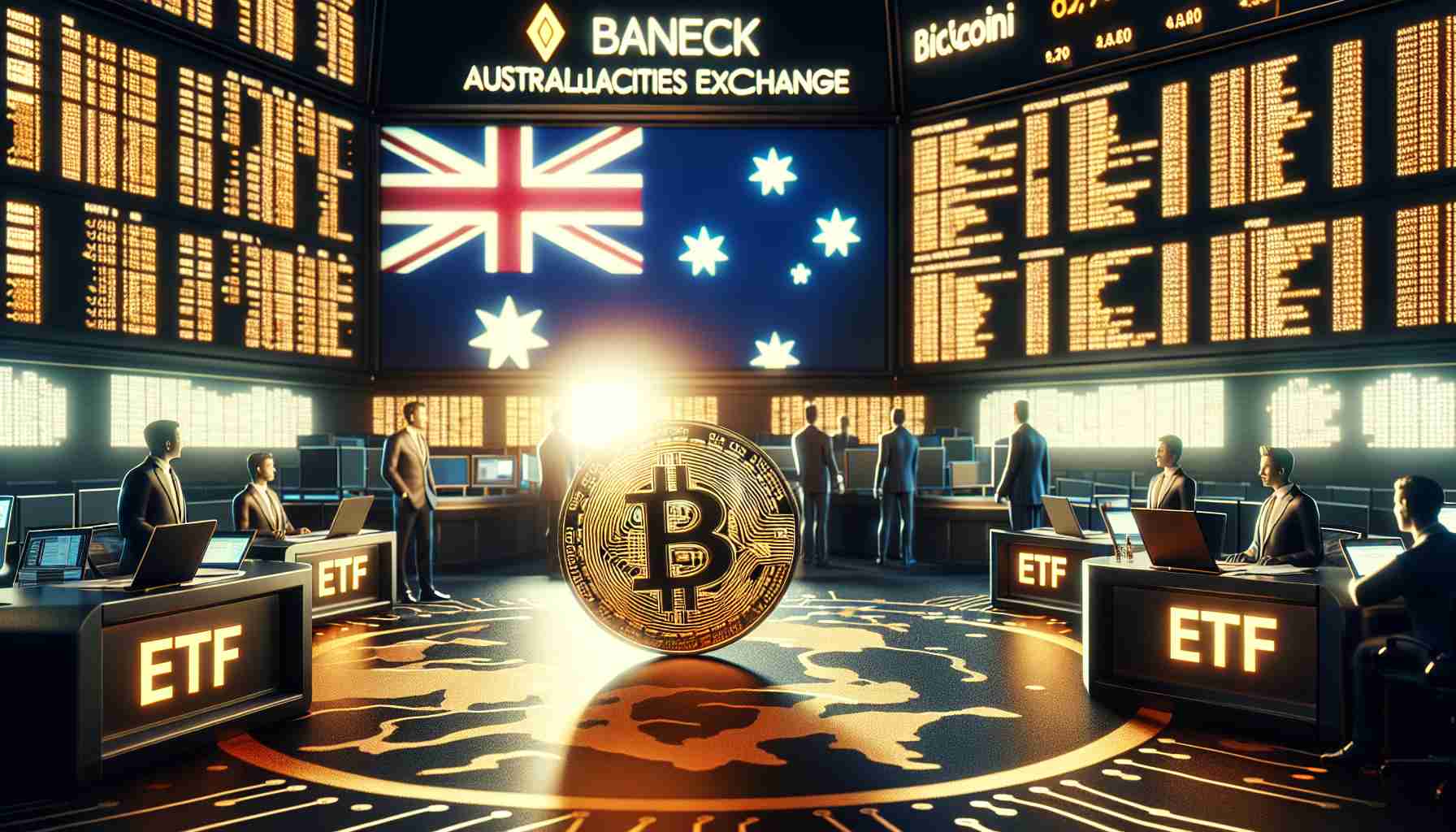 High-definition realistic image showcasing the concept of VanEck's Bitcoin ETF making its debut on the fictional Australian Securities Exchange. The scene composed of a prominent display of the Bitcoin symbol, ETF markers, and hints of Australian cultural elements to set the context.