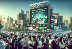 Create a realistic high-definition image showcasing the tech craze in Tehran. The scene should focus on the popularity of a mobile app that symbolizes aspirations for quick wealth amidst economic difficulties. Render a bustling city background with a variety of people interacting with their phones. Visualize the concept of this tech boom by emphasizing elements such as diverse tech gadgets, excited expressions, and perhaps a digital billboard promoting the said mobile app.