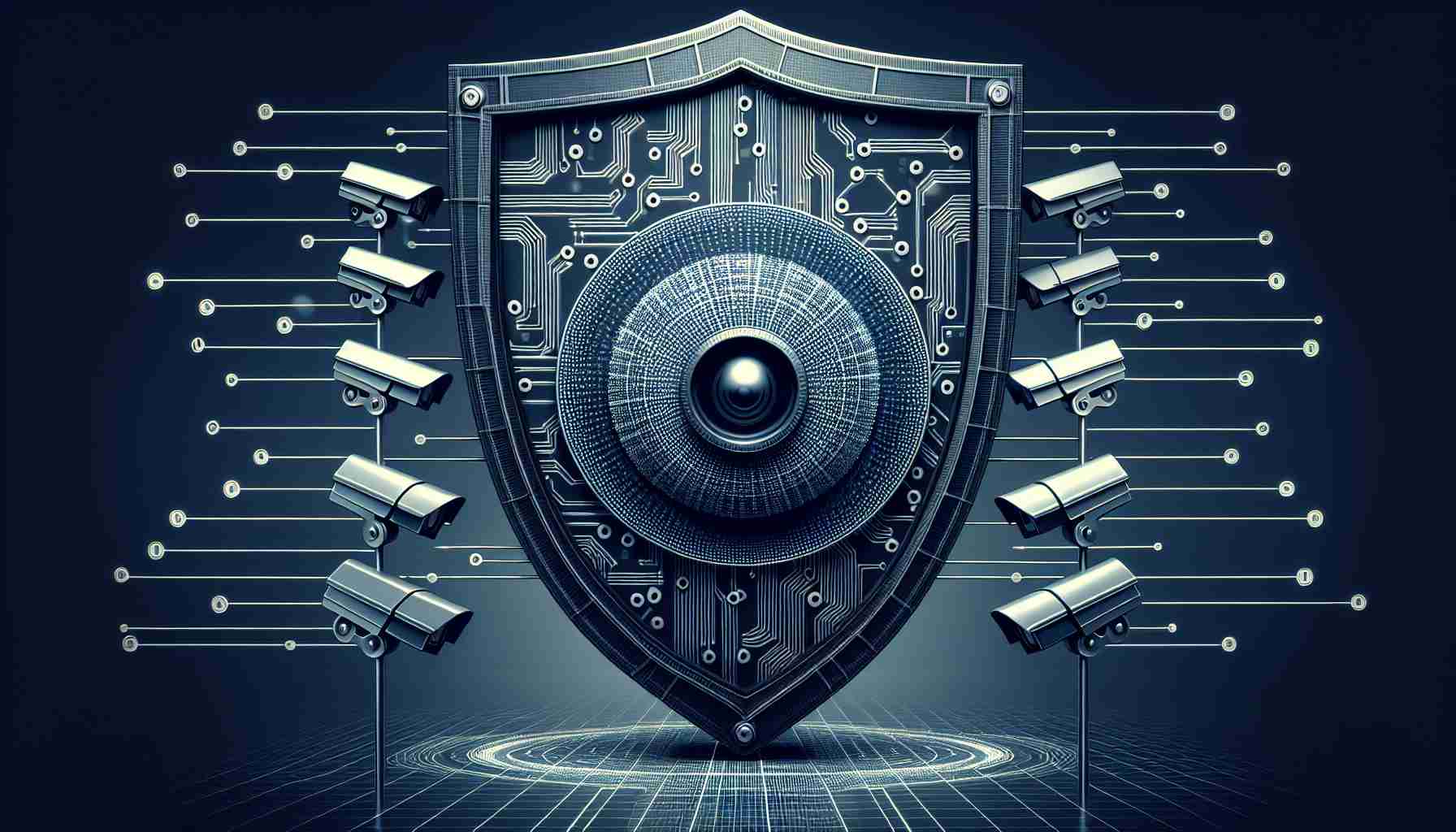 Create a detailed, high-definition image of the concept of blockchain as a protective shield against the notion of pervasive online surveillance. The image should depict symbolic elements reflecting the digital nature of blockchain technology, while also illustrating the idea of pervasive surveillance. It may feature the likeness of a shield embodying blockchain patterns and design, standing as a defense against intrusive visual elements illustrating surveillance, such as iconographic eyes or webcams. Try to keep the overall mood serious and sophisticated to reflect the privacy-focused nature of blockchain technology.