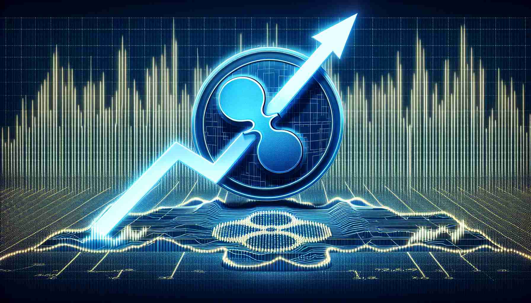 Generate a realistic, high-definition image illustrating the concept of Ripple's XRP cryptocurrency demonstrating potential for value increase, symbolized with an upward trending arrow, against a background of reduced blockchain activity, represented by a diminishing line graph.