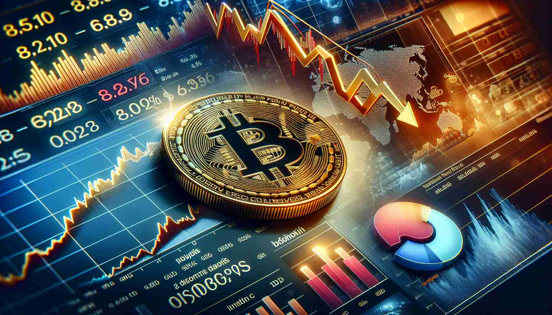 A hyper-realistic, high-definition image illustrating the slump in the market value of Bitcoin coinciding with the release of significant economic data. The image can include a detailed graph chart showing a downward trend in Bitcoin's value, alongside visual depictions of relevant economic indicators such as GDP growth rates, inflation rates, and job statistics. The use of rich colors and high contrast to represent these factors is highly recommended.