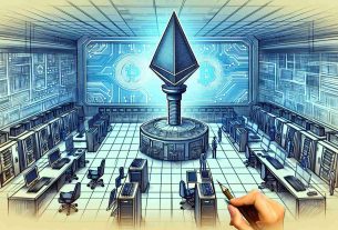 Draw a high-resolution, realistic image of a symbolic representation of the 'Blockchain Revolution'. Depict a futuristic laboratory, identified as 'Hermetic Labs', at the forefront of the revolution. Fill the scene with computers, servers, and other high-tech apparatus, suggesting advanced digital research and development. Include a giant spearhead looming over the lab, symbolizing the thrust into the new era of blockchain technology.