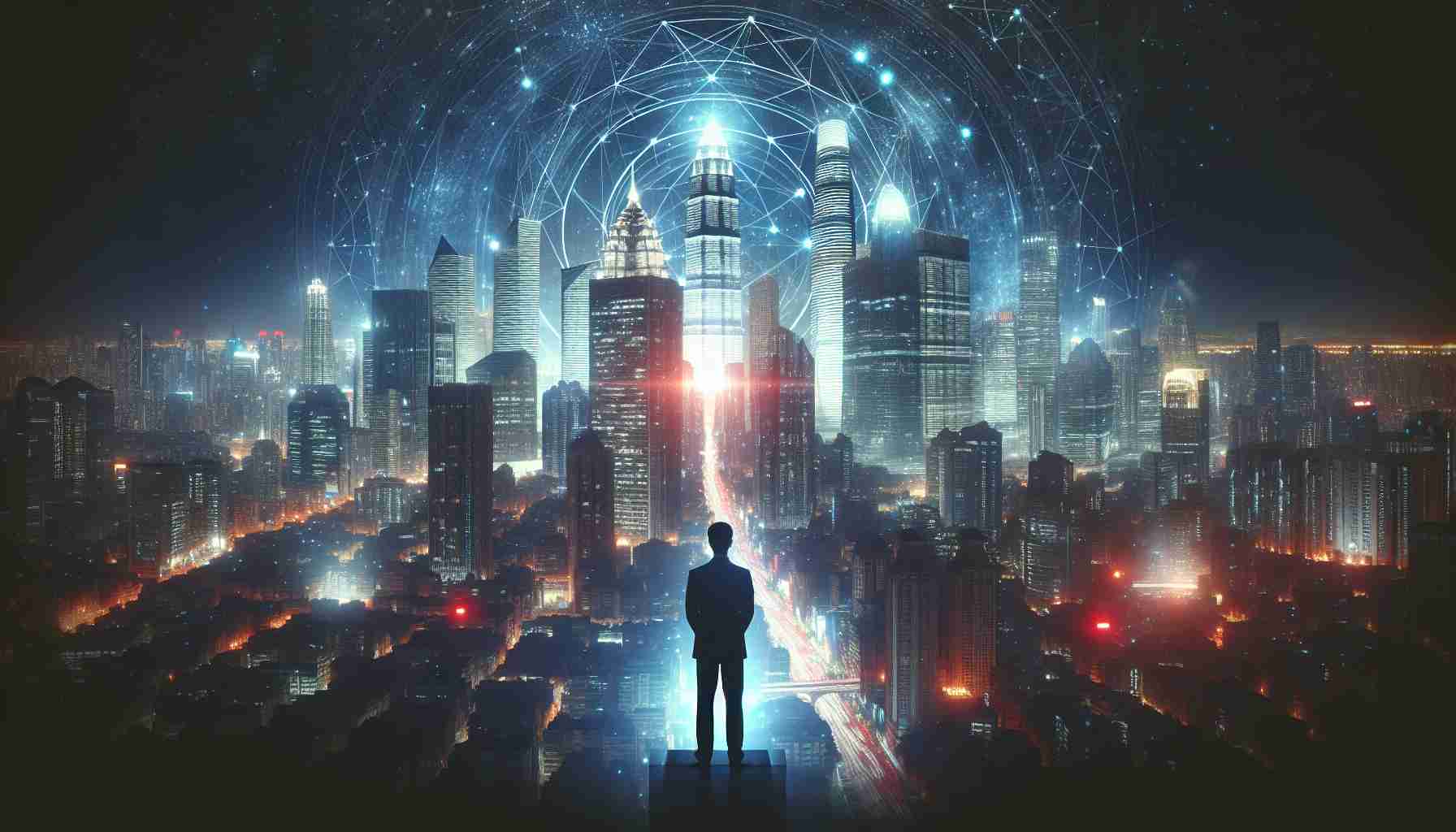 A visual portrayal of an imaginative scenario depicting a generic technology entrepreneur standing before a vast cityscape at night. The city is an embodiment of prosperity with glittering high rises and buildings, symbolizing a net worth of $61 billion. The entrepreneur is not identifiable, yet the aura of their success is quite tangible.