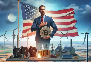 Depict a distinguished male politician with a confident demeanor advocating for cryptocurrency mining amidst a backdrop of an American flag and energy equipment such as windmill generators and solar panels. The scene should convey the idea of strengthening a nation's energy standing through the use of modern technologies.