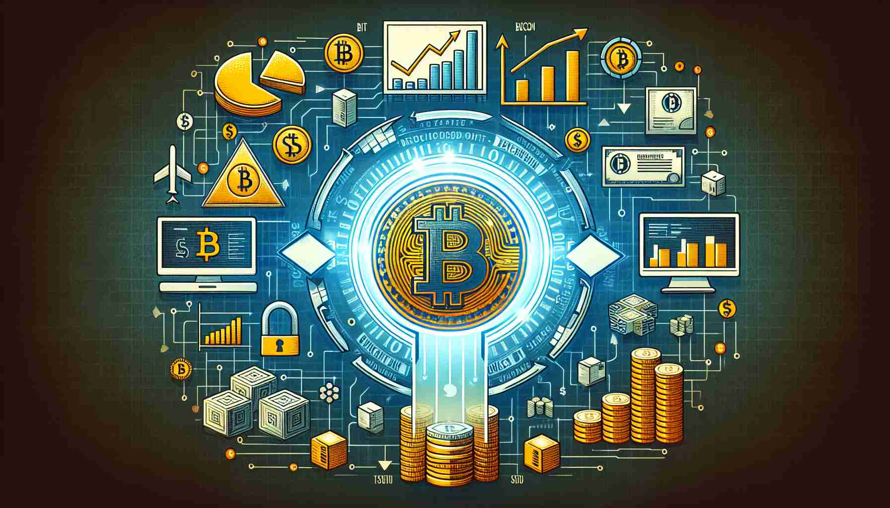 Create a high-definition detailed graphic illustrating a shift in the financial paradigm. Depict traditional finance represented by bar charts, pie charts, and dollar signs transforming through a digital portal into blockchain technology, represented by the Bitcoin symbol, distributed databases, and encryption icons.