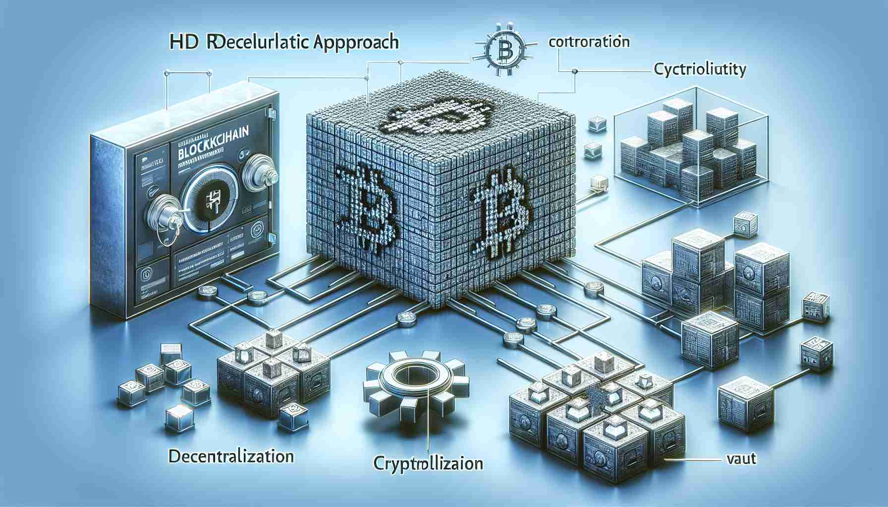 Create an HD realistic image that conceptualizes a modular approach revolutionizing blockchain technology, visually representing the elements of decentralization, cryptography, and secure record-keeping. The design may include interconnected cubes or blocks, cryptographic symbols, and sturdy vault imagery to represent the secure nature of blockchain.