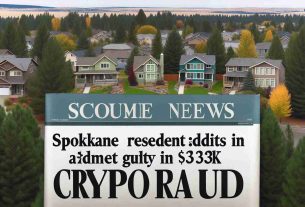 Image of a newspaper headline reading 'Spokane Resident Admits Guilt in $350K Crypto Fraud' with the backdrop of a typical residential area in Spokane, United States - suburban houses, surrounding trees and the overcast sky.