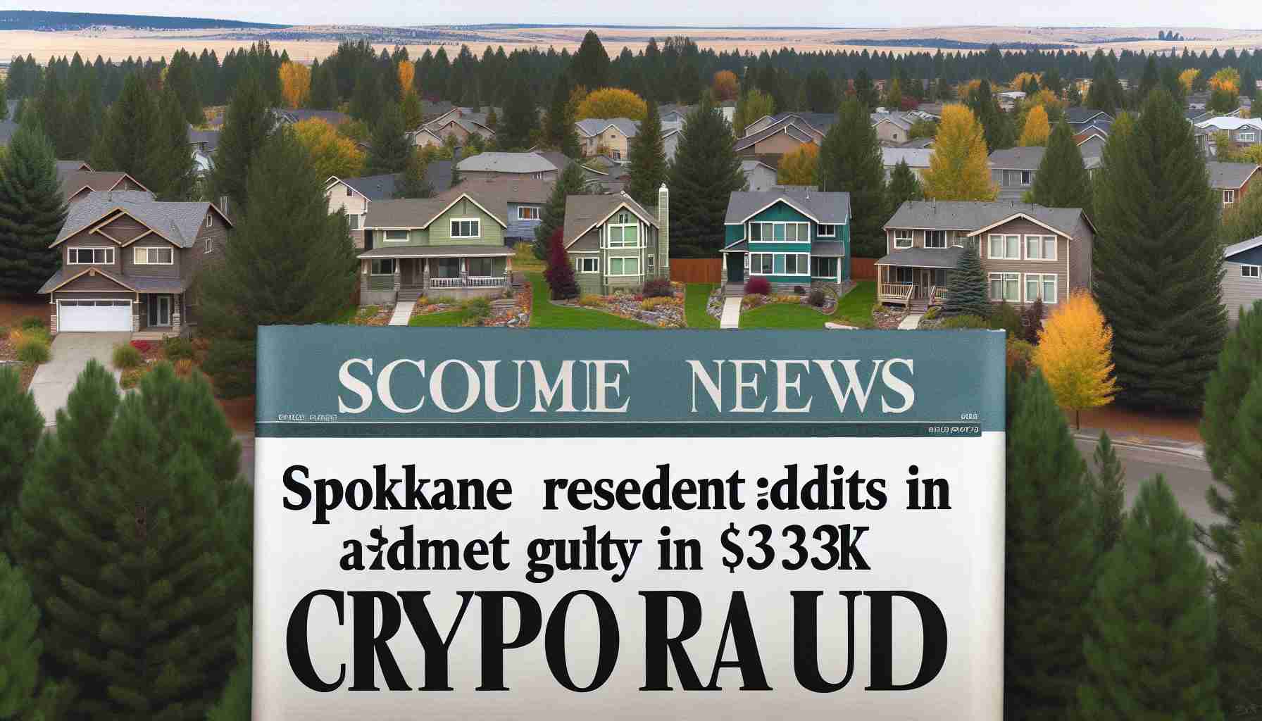 Image of a newspaper headline reading 'Spokane Resident Admits Guilt in $350K Crypto Fraud' with the backdrop of a typical residential area in Spokane, United States - suburban houses, surrounding trees and the overcast sky.