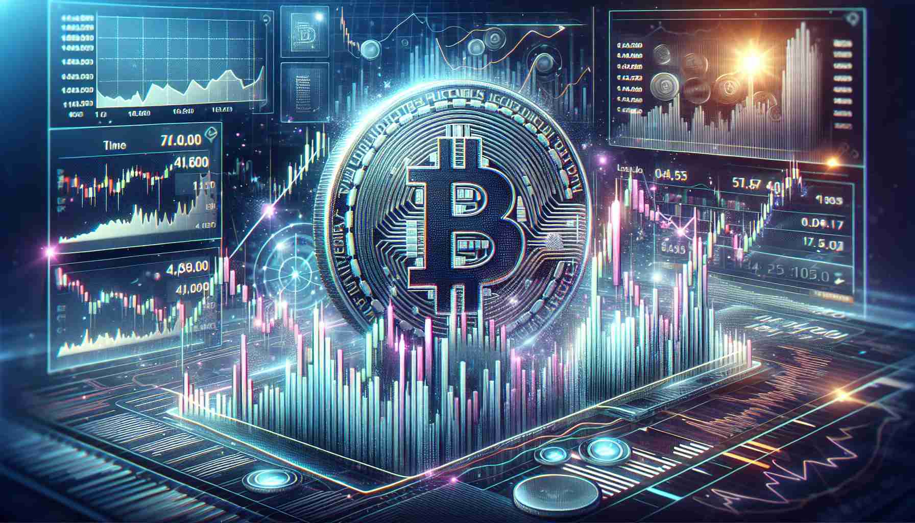 Create an image visualizing the dynamics of Bitcoin's recent price movements. The image should be highly realistic and HD quality. It should display a graph, chart, or other visual representation clearly showing the changes and trends in Bitcoin's market value over a period of time. Elements like time-axes, candlestick bars, volume indicators and price markers could be included to enhance the detail. Please avoid referencing or including any specific individuals related to Bitcoin or its pricing in the image.