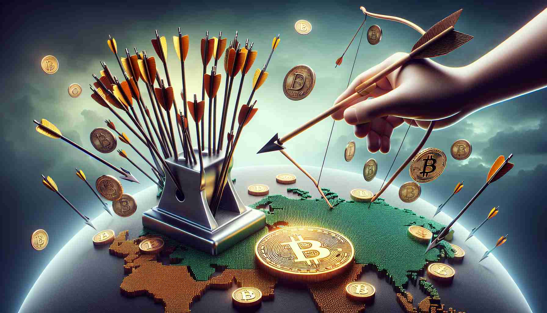 Illustrate a realistic high-definition image that demonstrates a metaphorical concept where an entity represented by a quiver full of arrows (emblem for Robinhood) is venturing into a global scene filled with symbols of cryptocurrency, with a central focus on a stamp, to symbolize Bitstamp, being incorporated into the entity's acquisition pool.