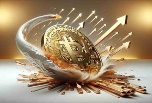 A high-definition, realistic representation of the concept of revolutionizing Bitcoin liquidity and yield opportunities. The scene can show a symbolic representation of Bitcoin, such as a physical gold coin with the 'B' Bitcoin logo. It is caught mid-motion, propelling onward on a forward trajectory. In the background, various arrows point upwards, representing the yield opportunities. There could also be metaphoric elements representing the concept of liquidity, such as depicting the Bitcoin in a fluid state or the arrows emerging from a body of water.