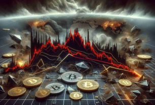 An ultra high-definition, realistic image depicting a metaphorical representation of declining market sentiment linked to the cryptocurrency sector. The picture shows an ominous stock market chart with plummeting red graphs indicating drastic loss. Coins and symbols of digital currencies are scattered around, visually communicating a widespread sentiment of fear. The design elements are all incorporated in a gloomy color palette and the atmosphere mirrors the anxiety pervading the market.