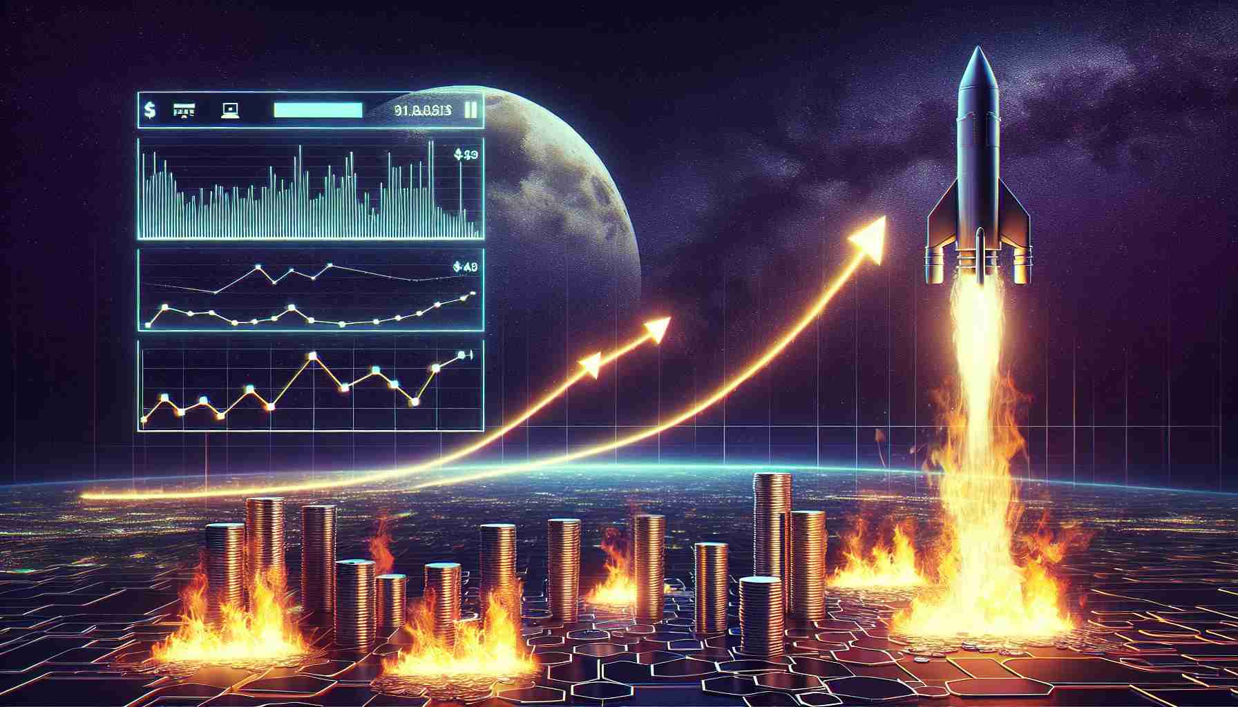 Generate a high-detail image of an ascending rocket in the night sky, symbolizing the rising value of a fictional cryptocurrency named 'Notcoin'. Display a digital ticker nearby that portrays its increasing value. Simultaneously, show millions of tokens, represented as computer chips or cylindrical coins, getting burned in a fire below.