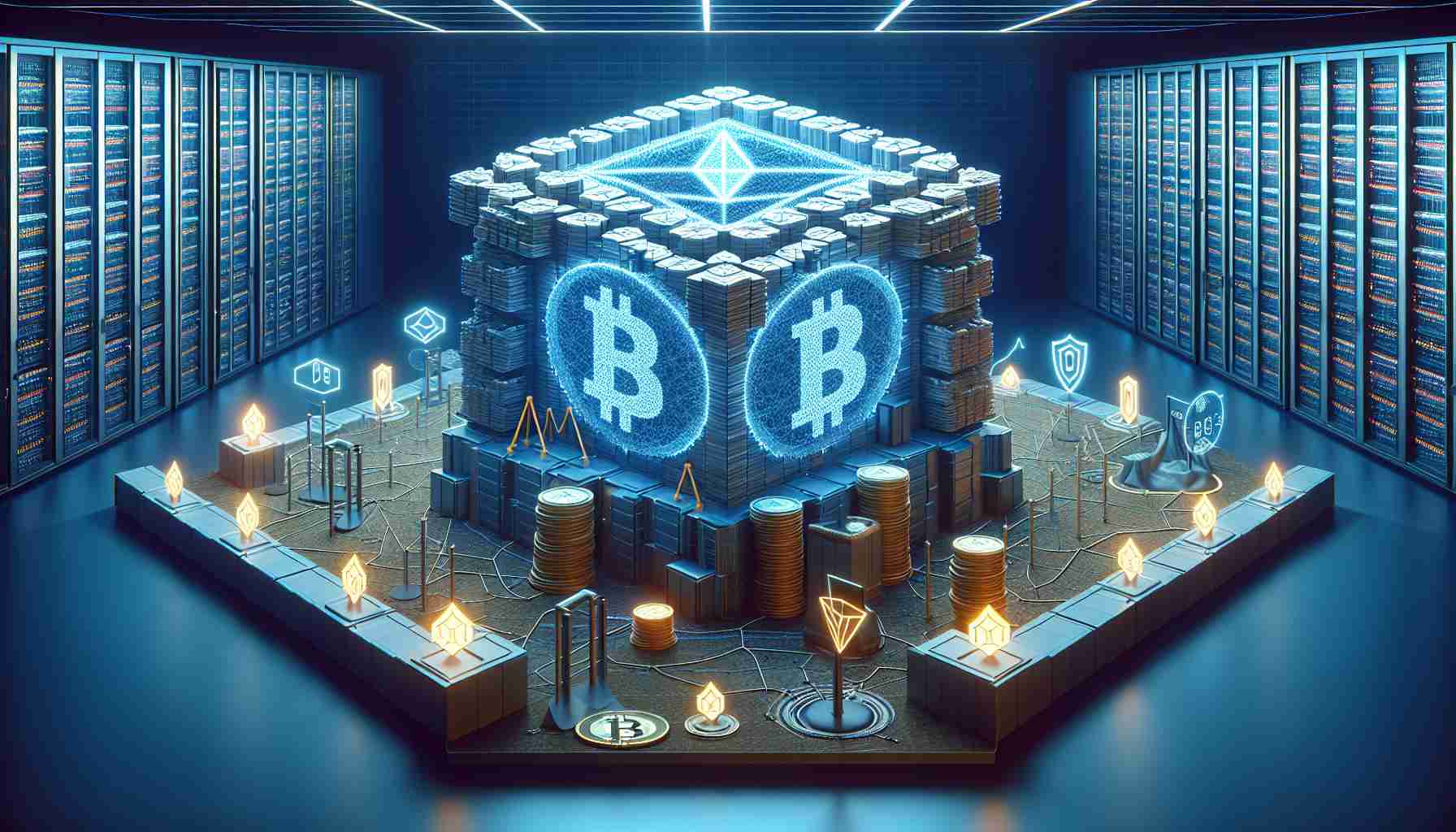 High definition, realistic illustration of a symbolic representation of a 'BlockDAG Revolution' in the realm of cryptocurrency. Showcase a visual metaphor wherein traditional blockchain is upgraded or transformed into a directed acyclic graph (DAG). Emphasize the groundbreaking security attributes of this update - perhaps visualizing it as a stronger, fortified structure or a shielded network. The setting should not be too abstract, aiming instead for a connection with real-world digital spaces, such as server rooms or data centers.