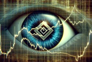 Illustration of the symbol for Injective Protocol eyeing a metaphorical wave indicative of market surge post-pattern shift. The image portrays the ups and downs of cryptocurrency trading in a dramatic, high-definition fashion. The Injective protocol symbol is shown as focusing intensely on the upsurge, symbolizing vigilance and anticipation. The background should be a mesh of complex data patterns indicating turbulence and change in the market.