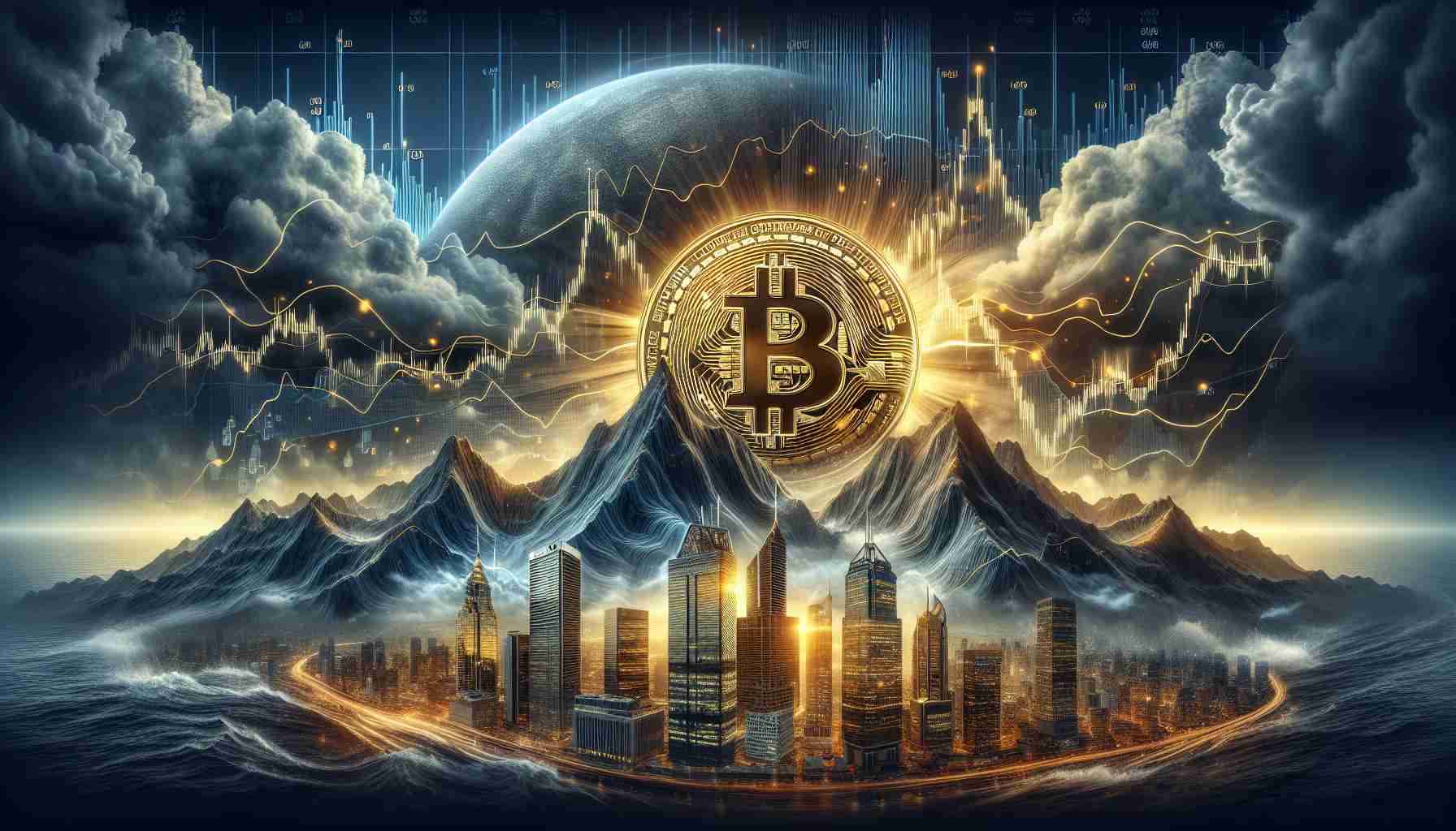 An ultra HD representation of the volatile journey of Bitcoin amid speculation and corporate interest. The image is a symbolic representation of periods of significant fluctuation, with peaks and valleys in the form of a detailed mountain range accompanied by storm clouds to symbolize the unpredictability. Corporate buildings standing tall in the backdrop to denote the growing corporate interest. In the foreground, a golden Bitcoin coin, radiating light, represents the essential subject matter. In the background, a stock market graph with volatile data patterns printed on the sky. Total representational journey of Bitcoin from inception to its present state.