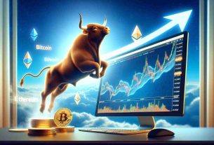 Realistic high-definition illustration of a rising bull, symbolizing bullish sentiment, coming out of a computer screen displaying Bitcoin, Ethereum, and Ripple charts. The bull is ascending towards a clear, blue sky, representing potential breakout. The charts exhibit patterns associated with a bullish market trend, showing rising price curves and strong volume spikes. The surroundings of the computer screen fade in a soft bokeh effect, emphasizing the focus on the screen and the bull.