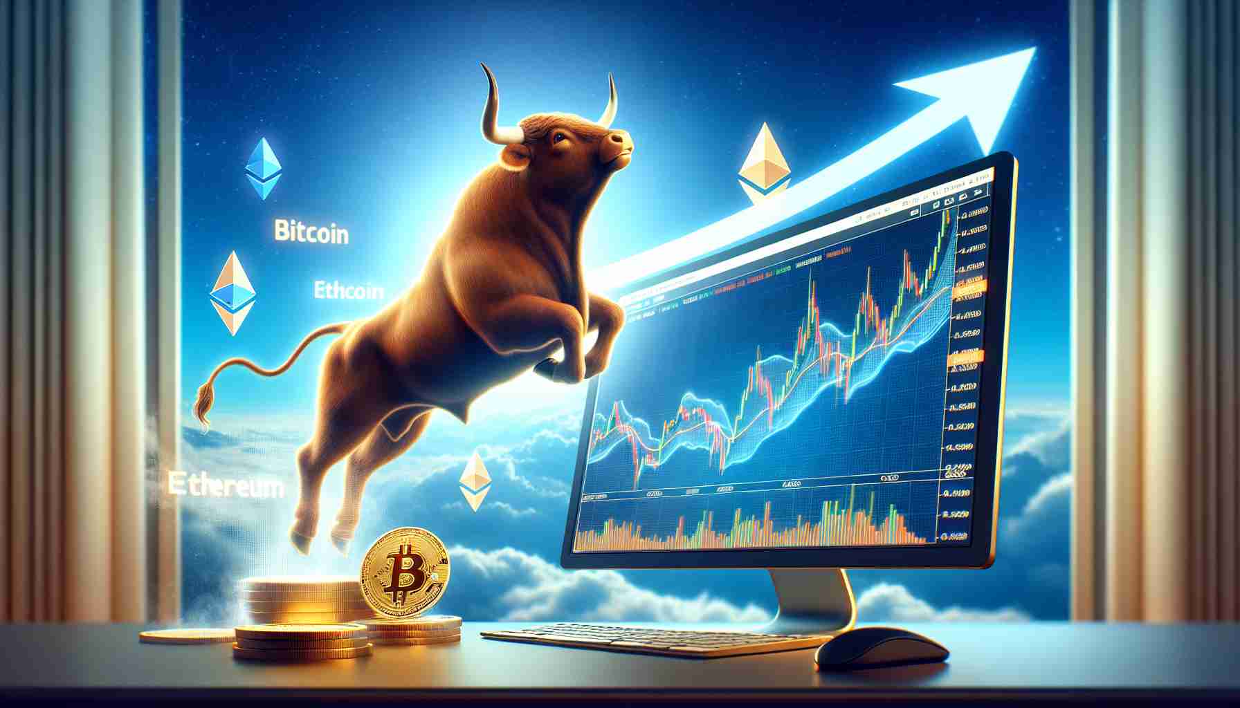 Realistic high-definition illustration of a rising bull, symbolizing bullish sentiment, coming out of a computer screen displaying Bitcoin, Ethereum, and Ripple charts. The bull is ascending towards a clear, blue sky, representing potential breakout. The charts exhibit patterns associated with a bullish market trend, showing rising price curves and strong volume spikes. The surroundings of the computer screen fade in a soft bokeh effect, emphasizing the focus on the screen and the bull.