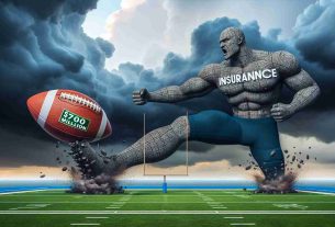 Generate a realistic HD image of a monumental giant, metaphorically representing the insurance sector, powerfully kicking a football symbolizing $700 million towards the goalpost, which signifies strategic financial move. The football field represents the economic marketplace. Stormy cloud above represents the challenging business environment, but the giant's determined expression suggests confidence in the strategy.