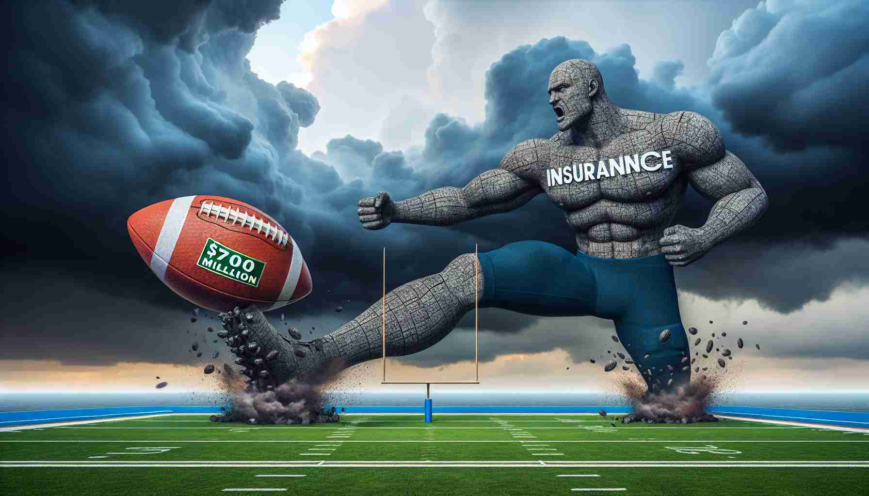 Generate a realistic HD image of a monumental giant, metaphorically representing the insurance sector, powerfully kicking a football symbolizing $700 million towards the goalpost, which signifies strategic financial move. The football field represents the economic marketplace. Stormy cloud above represents the challenging business environment, but the giant's determined expression suggests confidence in the strategy.