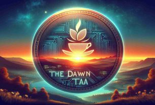 Create an HD image that depicts the concept of 'The Dawn of TEA', which is a new type of hypothetical digital currency with a sustainability mission. The coin has a logo which consists of a teacup graphic. The background portrays a transition from night to dawn with a crisp sunrise over a beautiful landscape indicating a new beginning. The mood of the image is optimistic, with a futuristic touch to represent the digital nature of this currency.