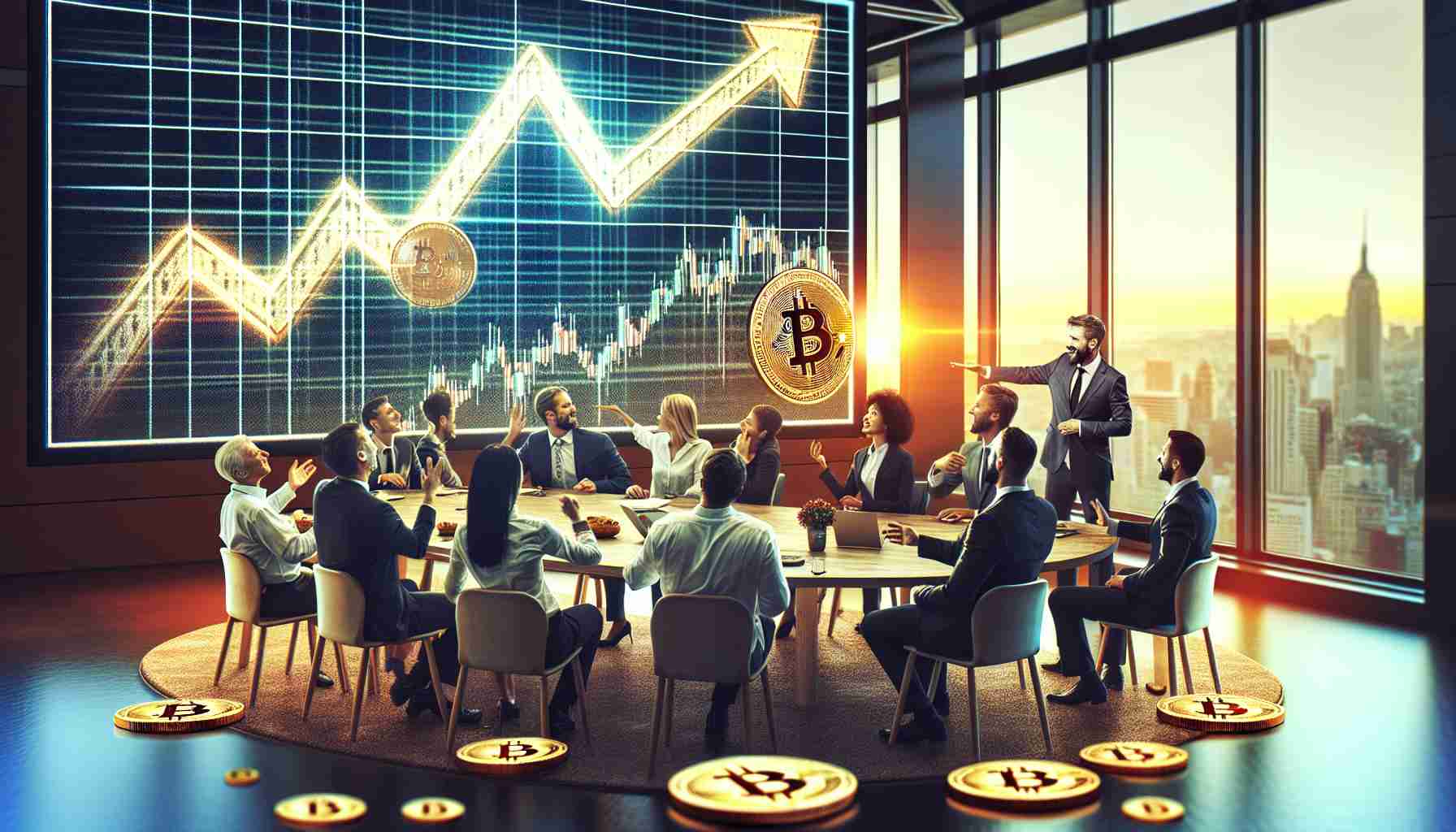 Generate a realistic high definition image representing the concept of 'DeFi Technologies Embracing Bitcoin' with a rising stock graph. Visualize this as a boardroom meeting where a diverse group of individuals, representing different backgrounds such as Caucasian, Hispanic, and South Asian are in animated discussion. On the wall, there is a large screen displaying a line graph with an upward trend, symbolizing the climbing stock. Scatter a few bitcoins across the table to signify the embracing of bitcoin. Don't include recognizable company logos or proprietary information.