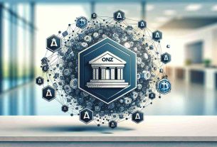 An image showing a visual representation of OneAZ Credit Union embracing blockchain technology. This should involve graphics that indicate blockchain, perhaps in the form of interconnected nodes or digital chains, combined with symbols of banking and finance, possibly a credit union building or logo. Although it should be abstract, the representation should be realistic and high definition.