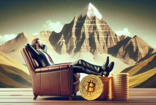 Realistic high-definition photo of a metaphorical depiction of the cryptocurrency 'Toncoin' resting or taking a breather following its record-breaking price highs. This could be visualized as the symbolic coin reclining comfortably in a high-backed leather armchair with financiers, representing its high record, or perched on the top of a towering mountain peak, metaphorically representing its peak performance in the market.