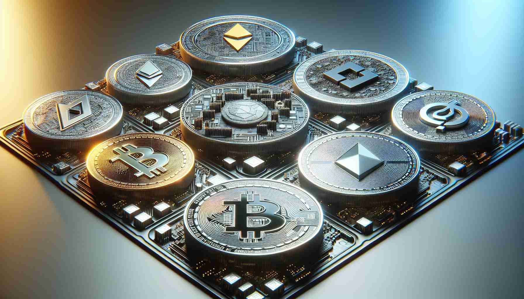 A highly detailed, realistic image showcasing a set of new cryptocurrency tokens about to enter the market. The tokens should display a variety of designs, colors, and symbols that indicate they are new entries. They should be featured on a hi-tech, virtual platform suggestive of a digital marketplace.