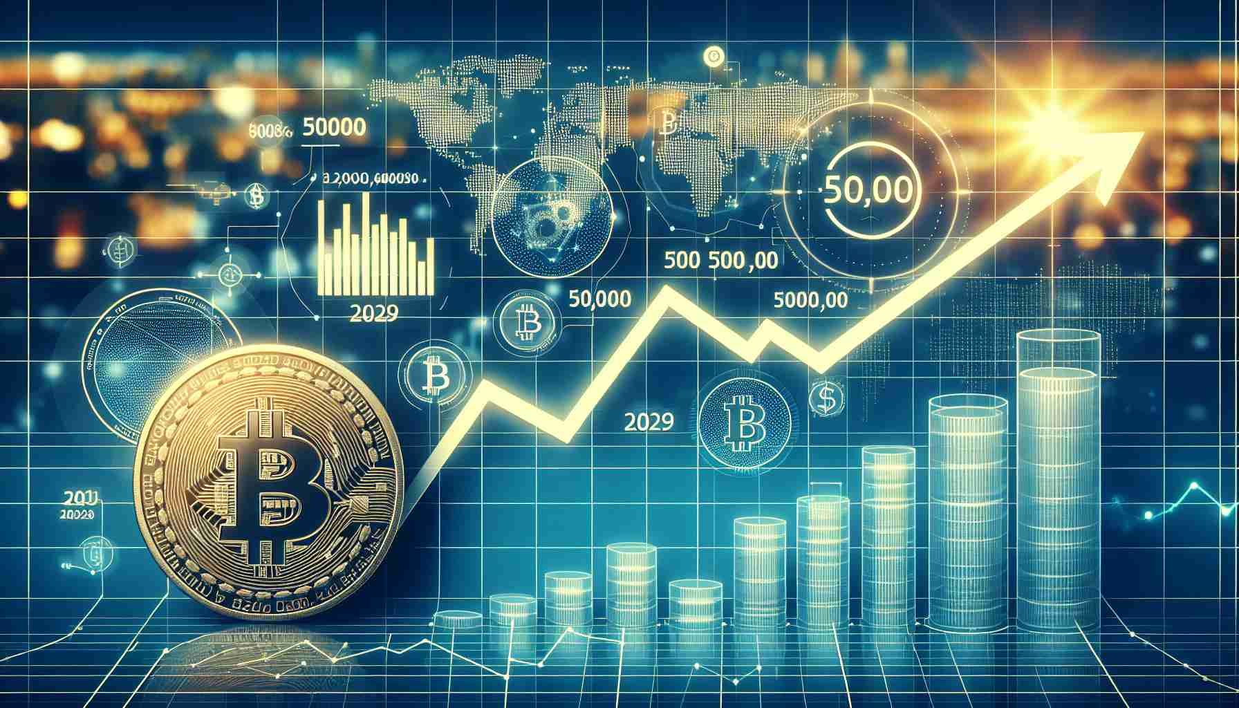 Visually represent an optimistic financial forecast predicting that the value of Bitcoin may reach half a million dollars by 2029. Focus on elements such as a soaring line graph, various Bitcoin symbols, the number 500,000, and the year 2029. Make sure to give it a realistic and high-definition look.