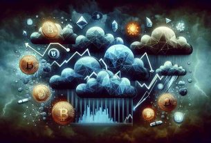 Generate a realistic, high-definition image depicting a concept of mixed sentiments in the crypto markets. The image should symbolize volatility, with elements such as fluctuating graphs, digital currencies icons, and maybe metaphorical stormy weather to represent concerns. Bear in mind the abstraction of these elements should convey less confidence and more worries among investors.