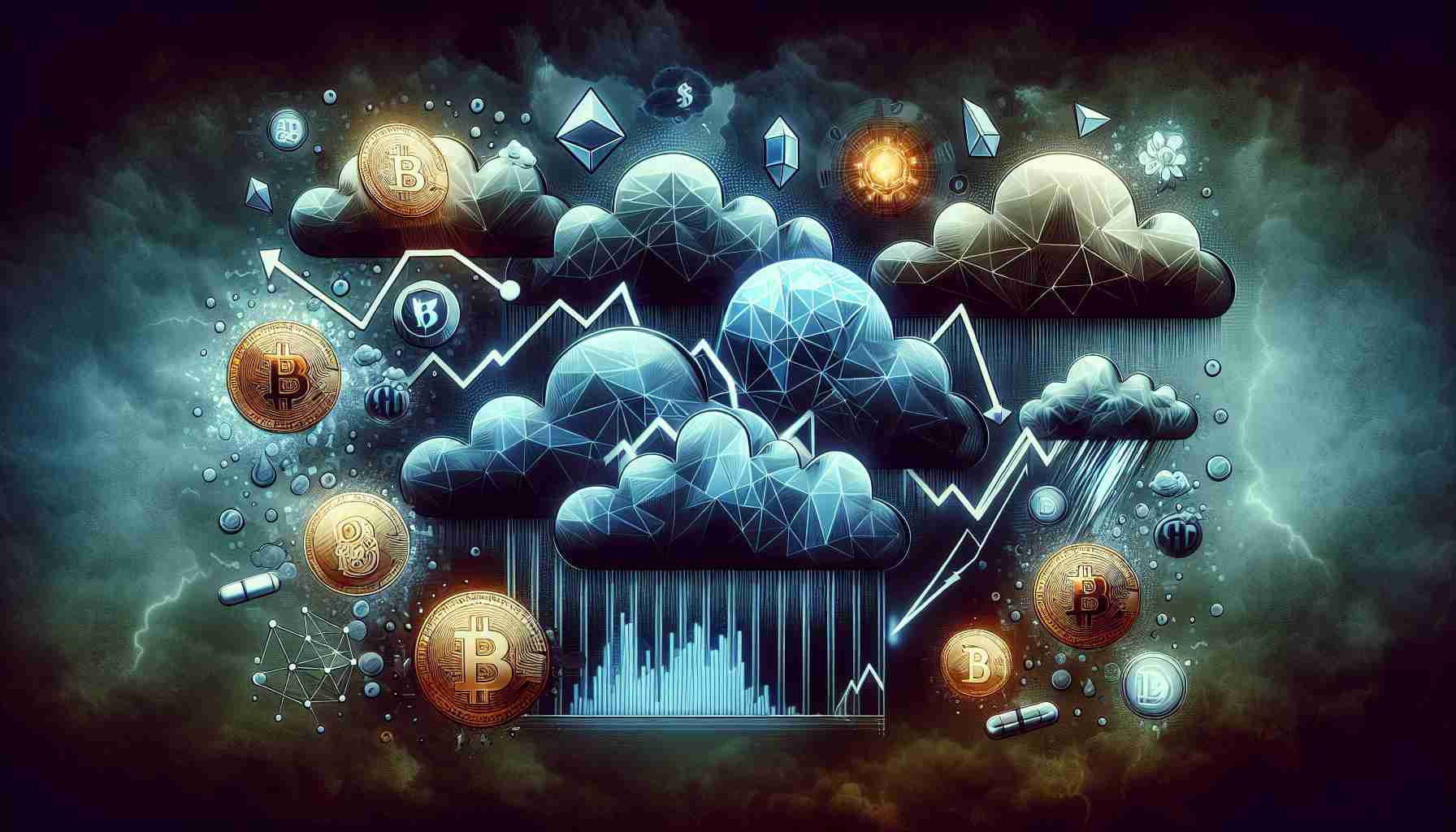 Generate a realistic, high-definition image depicting a concept of mixed sentiments in the crypto markets. The image should symbolize volatility, with elements such as fluctuating graphs, digital currencies icons, and maybe metaphorical stormy weather to represent concerns. Bear in mind the abstraction of these elements should convey less confidence and more worries among investors.