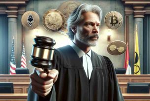 Realistic high-definition image of a courthouse setting with a stern judge, a Caucasian man in his late 50s with greying hair holding up a gavel, symbolising his decision. Cryptocurrency icons for XRP and other secondary cryptocurrencies are displayed in the background, illustrating an impact on their markets.